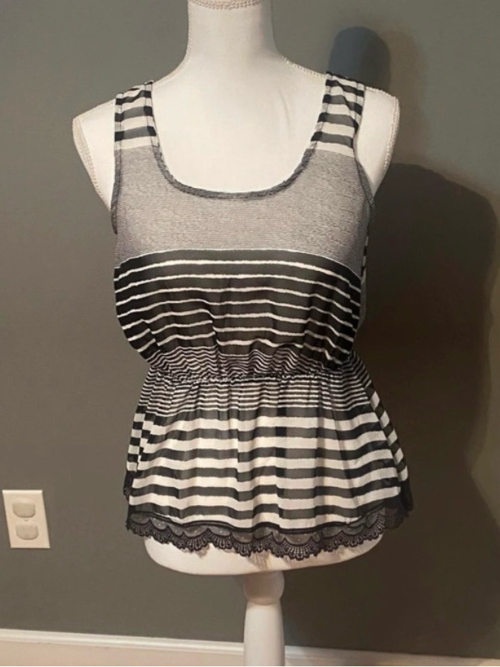 Deb Black and White Striped Peplum Lace-Trim Tank